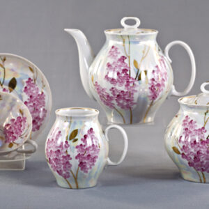 "Pink lilac" Dulevo porcelain Tea set 15 pc, for 6 person, Hand- painted with 24 karat gold