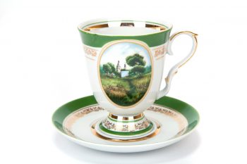 Dulevo(Kuznetsov)Russian Royal porcelain. Mug and Saucer "Landscape", capacity 600ml, Gold*