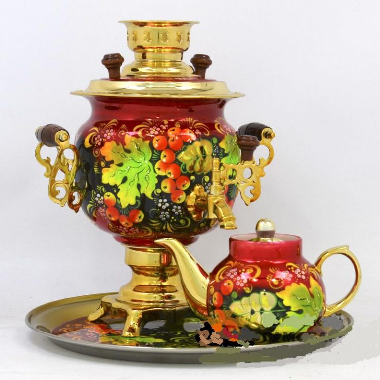 3L "Rowan " Electric samovar, Tray and porcelain tea pot. Brand Tula. material: Brass.
