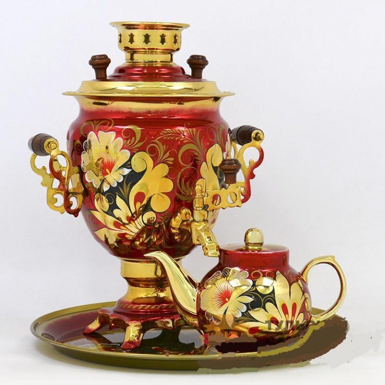 3L " Golden poppies " Electric samovar, Tray and porcelain tea pot. Brand Tula. material: Brass