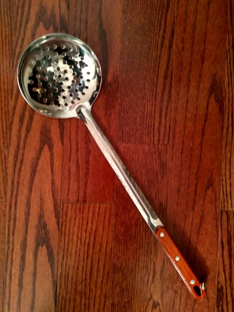 48 cm. Long and Deep Uzbek Skimmer for pilaf with wooden handle, шумовка для плова как у Сталика Ханкишиева.