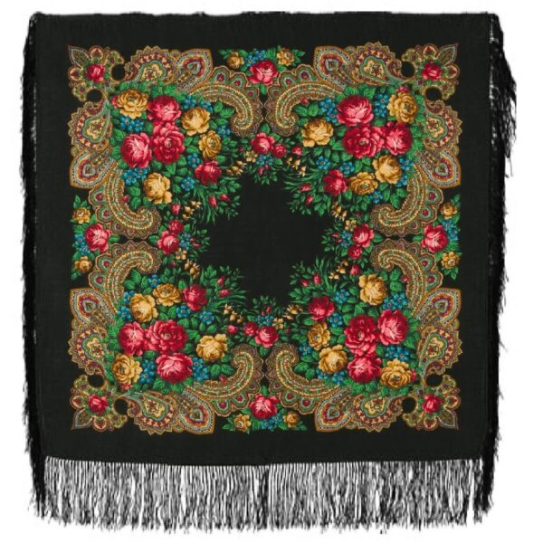 «Stranger» Shawl with silk fringe, Dimension: 89 by 89cm(35,6”*35,6”). brand: Pavlovo posad Manufactory Since 1795.