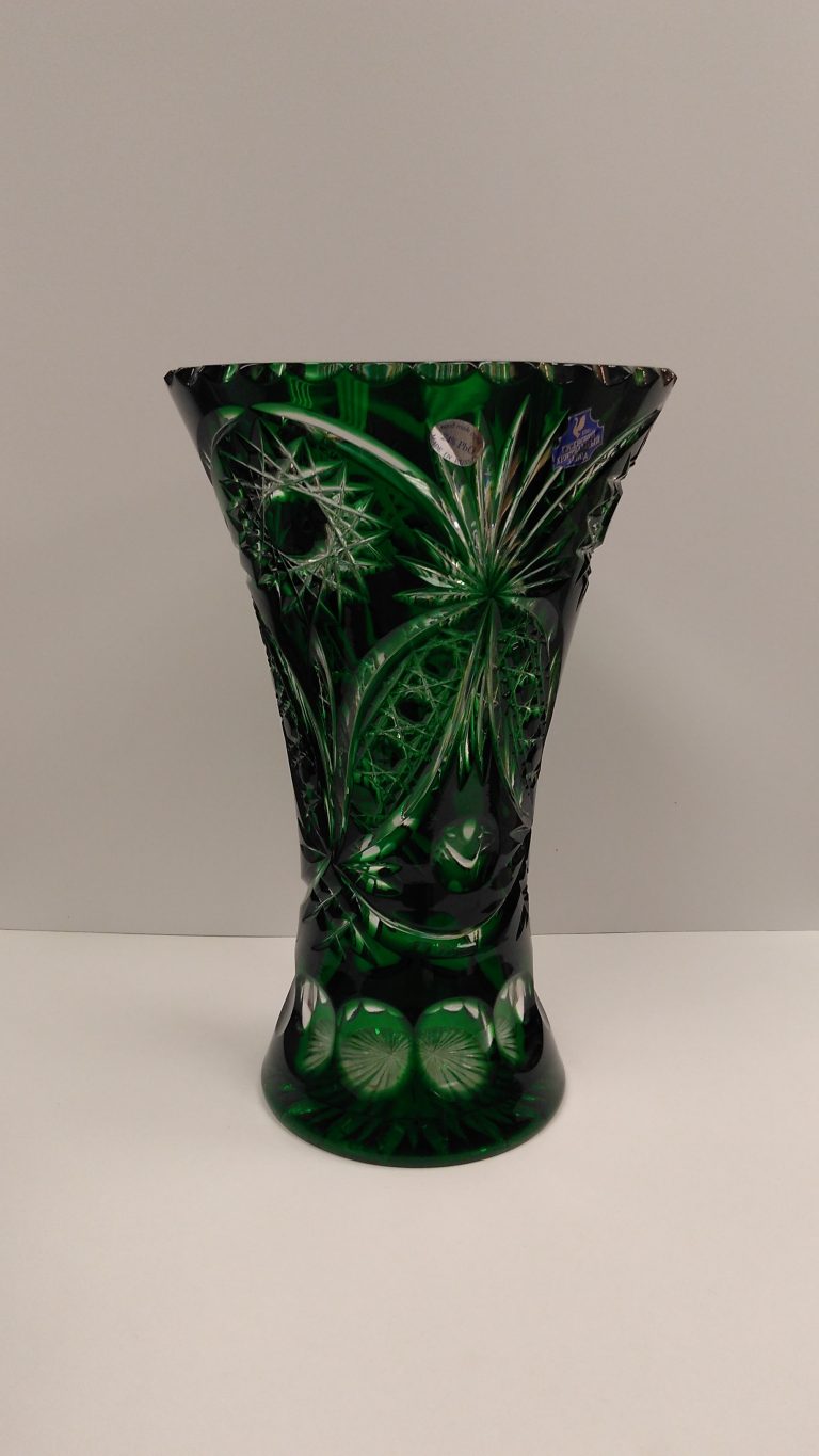 Emerald green Hand-cut Tall crystal vase, Height 29cm. brand Gus