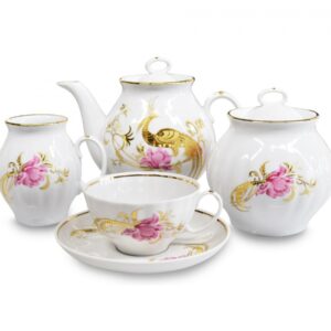 ''Firebird "Dulevo porcelain tea set, 15pc for 6 people.  Hand made, hand painted with 24 karat gold