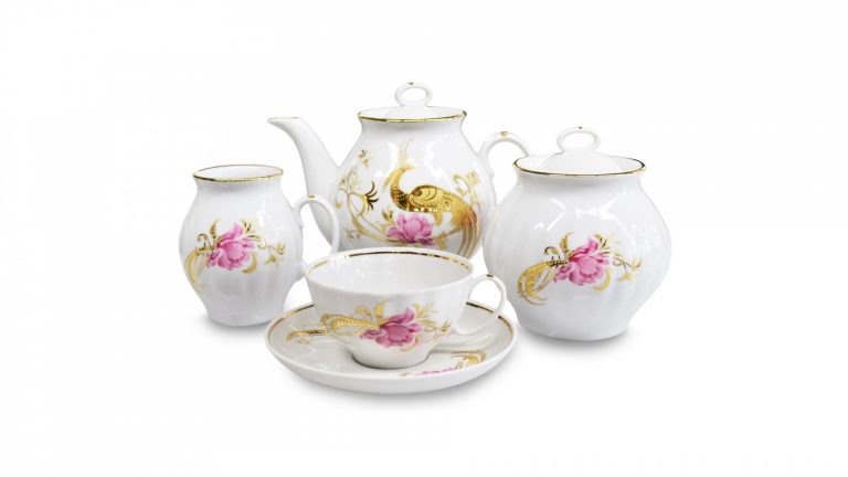''Firebird "Dulevo porcelain tea set, 15pc for 6 people.  Hand made, hand painted with 24 karat gold
