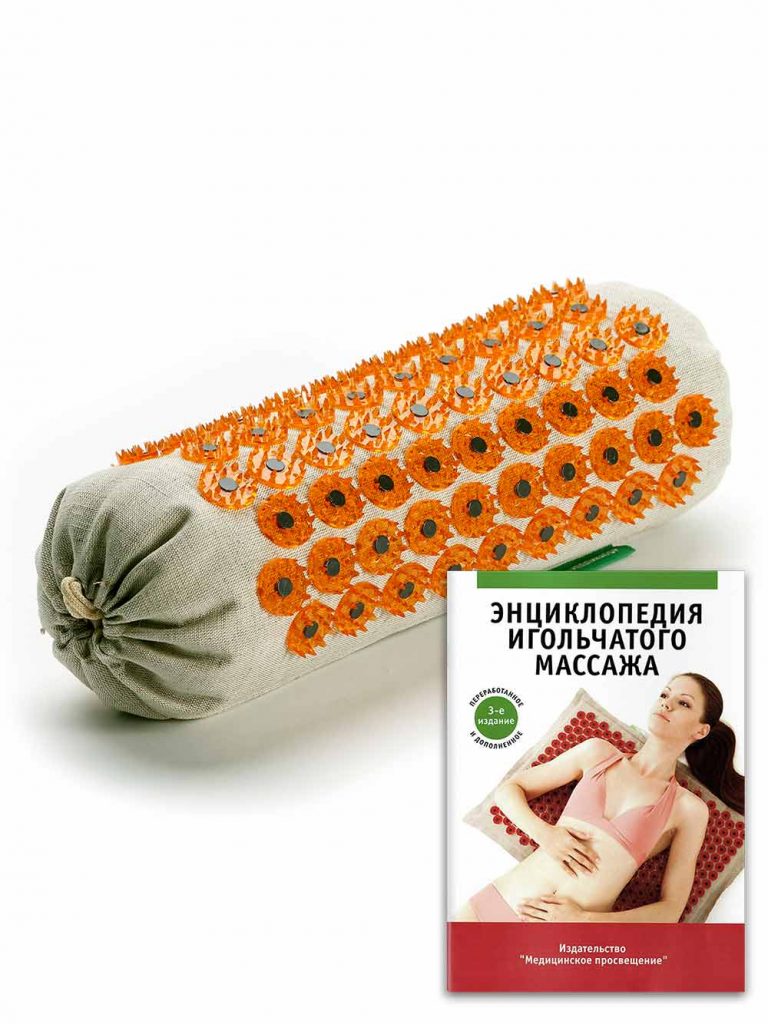 Applicator Kuznetzov Acupuncture Acupressure Massager for back and neck with magnets on a soft substrate +Book - the encyclopedia of needle massage, Yellow.