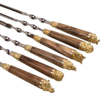 Handmade Set of 6 skewers with brass tips of animals, with wooden stand, knife from the Kizlyar plant, billhook - Image 3