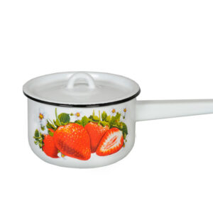 Steel enameled pan with lid 1.5L. Pattern "Strawberry". Russian brand