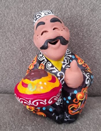 Uzbek figurines with Bread, Handmade ,Rishtan Pottery, size: 8*9cm.*