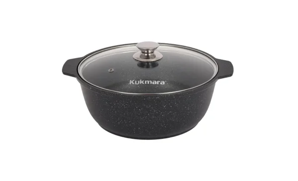 3L Saucepan-roaster with glass lid, with non-stick coating (coffee marble),No- PFOA (TEFLON). Dimensions(D x H Bottom):29 x 9x 22.2cm.