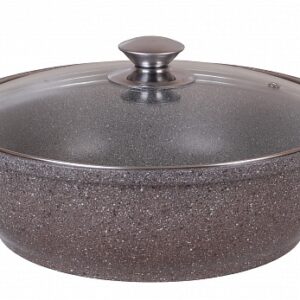 3L Saucepan-roaster with glass lid, with non-stick coating (coffee marble),No- PFOA (TEFLON). Dimensions(D x H Bottom):29 x 9x 22.2cm.