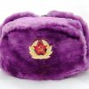 size:58.Russian shapka ushanka Pink  with emblem Cap with ear flaps artificial fur with a cockade.