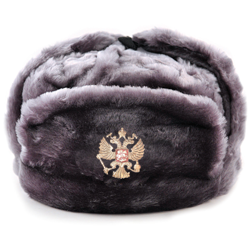 Size: 58.Russian shapka ushanka with emblem Cap with ear flaps artificial fur with a cockade.