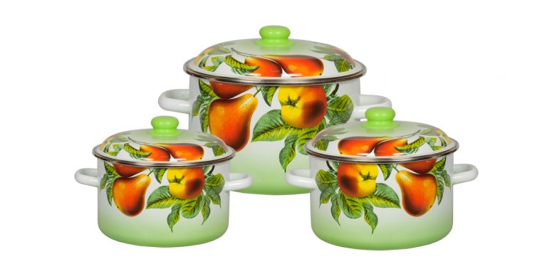 set of 3pc: 2L, 3L,5.5L. "Summer's gifts " Steel Enameled cookware suitable for Electric, Glass-ceramic, Gas stoves. Induction and Halogen cooktop.