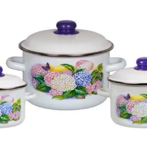 set of 3pc: 2L, 3L,5.5L."Lilac", color: white/white. Steel Enameled cookware suitable for electric, glass-ceramic, gas stoves. Induction and Halogen cooktops.