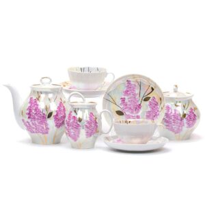 "Pink lilac" Dulevo porcelain Tea set 15 pc, for 6 person, Hand- painted with 24 karat gold