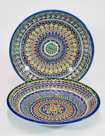 D:38cm. Deep Lagan from Uzbekistan Handmade and Hand Painted.Глубокое традиционное блюдо для плова Лаган из города Риштан.