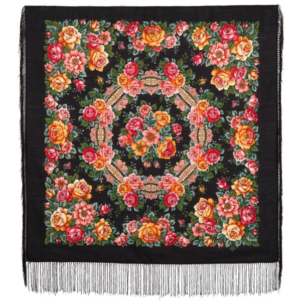 «Rose  sity» Shawl with silk fringe, Dimension: 89 by 89cm(35,6”*35,6”). brand: Pavlovo posad Manufactory .Since 1795.Старинный Востановленный рисунок.