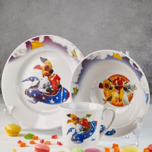 set of 3 Organic porcelain dishes"Mischievous family on a rocket" for children's. from Dulevo porcelain factory.