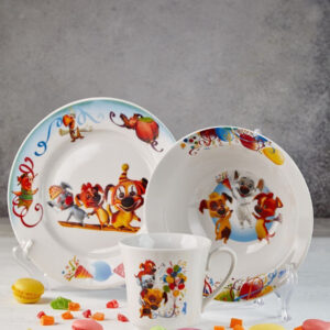 set of 3 Organic porcelain dishes"Mischievous family in the circus" for children's. from Dulevo porcelain factory.