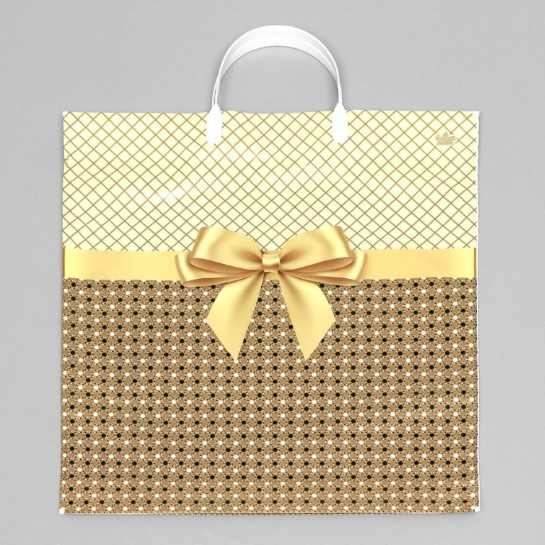 Праздничные пакеты для подарков из России купить в Торонто в магазине Калина Gifts. Package, Plastic bag,"Golden", polyethylene with a plastic handle, 44x40 cm, 100 microns