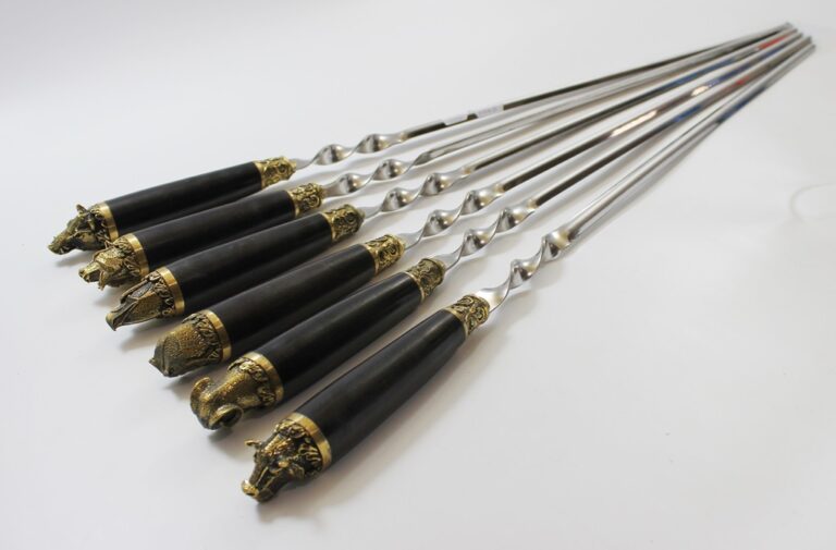 Handmade Set of 6 skewers with brass tips of animals, with wooden stand, knife from the Kizlyar plant, billhook