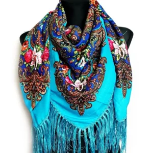 Size: 120 by 120cm. Shawl with silk fringe. 80% of wool, 20% of viscose