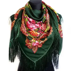 Size: 120 by 120cm. Shawl with silk fringe. 80% of wool, 20% of viscose