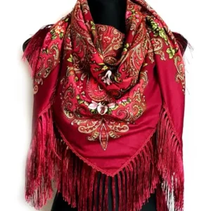 Size: 120 by 120cm. Shawl with silk fringe. 80% of wool, 20% of viscose