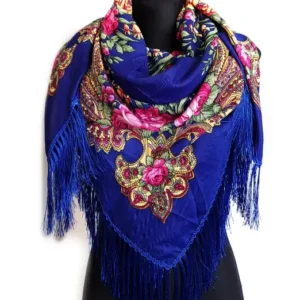 Size: 120 by 120cm. Shawl with silk fringe. 80% of wool, 20% of viscose