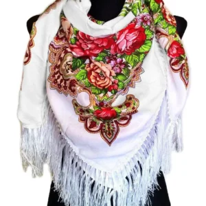 Size: 120 by 120cm. Shawl with silk fringe. 80% of wool, 20% of viscose