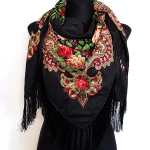 Size: 120 by 120cm. Shawl with silk fringe. 80% of wool, 20% of viscose