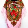 Size: 120 by 120cm. Shawl with silk fringe. 80% of wool, 20% of viscose