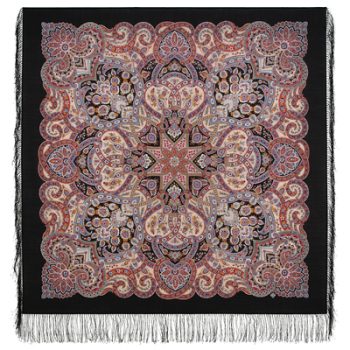 ''Festive City''Russian shawl 100% of wool with silk fringe, size 125 by 125cm. Out of Stock. New arrival expected.