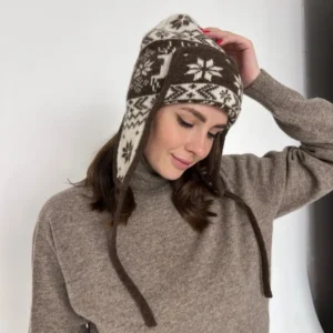 cashmere Hat from camel hair, knitted. Norwegian pattern. mane in Mongolia. White/Brown