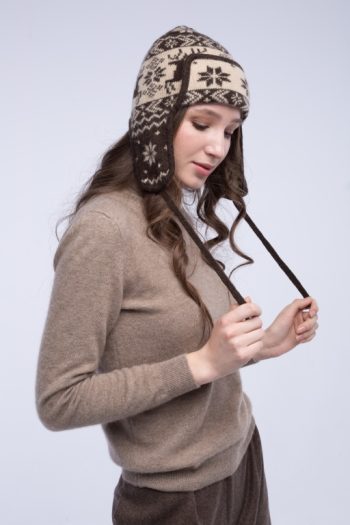 cashmere Hat from camel hair, knitted. Norwegian pattern. mane in Mongolia. White/Brown