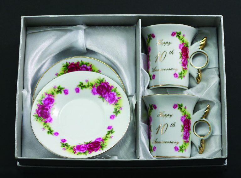 10 Happy Anniversary Cups&Saucers and any Original gifts. Nice gifts Accessories and decoration 2 Mugs "10th Happy Anniversary", size: 150 ml. in the gift box. material: Bone China.