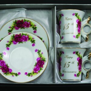2 Mugs "15th Happy Anniversary", size: 150 ml. in the gift box. material: Bone China.