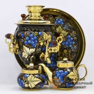 Gift Set with Tula Samovar 3L, Brass Tray, and Dulevo Porcelain Teapot & Sugar Bowl, Hand-Painted