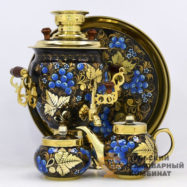 Gift Set with Tula Samovar 3L, Brass Tray, and Dulevo Porcelain Teapot & Sugar Bowl, Hand-Painted