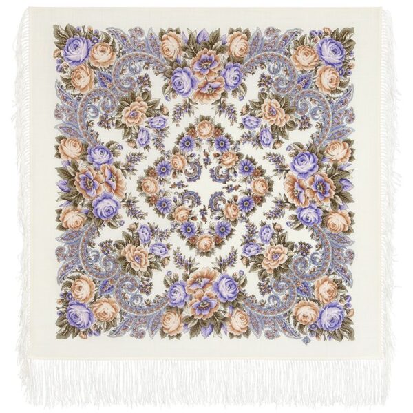 «On a sunny meadow» Shawl with silk fringe,size: 89* 89cm(35,6”*35,6”). brand: Pavlovo posad Manufactory .