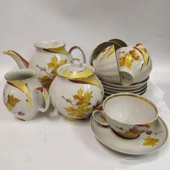 "Maple Leaf" Dulevo porcelain Tea set 14 pc. (No sugar Bowl), for 6 person, Hand- painted with 24 karat gold