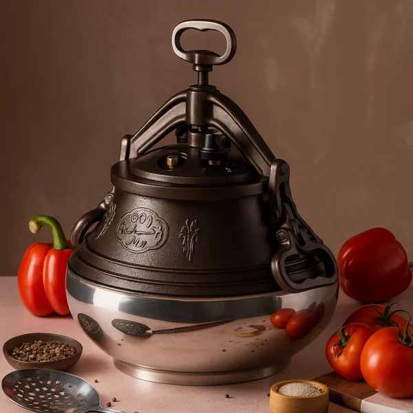 Traditional Uzbek cast iron pressure kazan pot with a locking lid, surrounded by fresh vegetables like tomatoes and bell peppers. Ideal for cooking pilaf, stews, and soups. Authentic cookware for Central Asian cuisine.