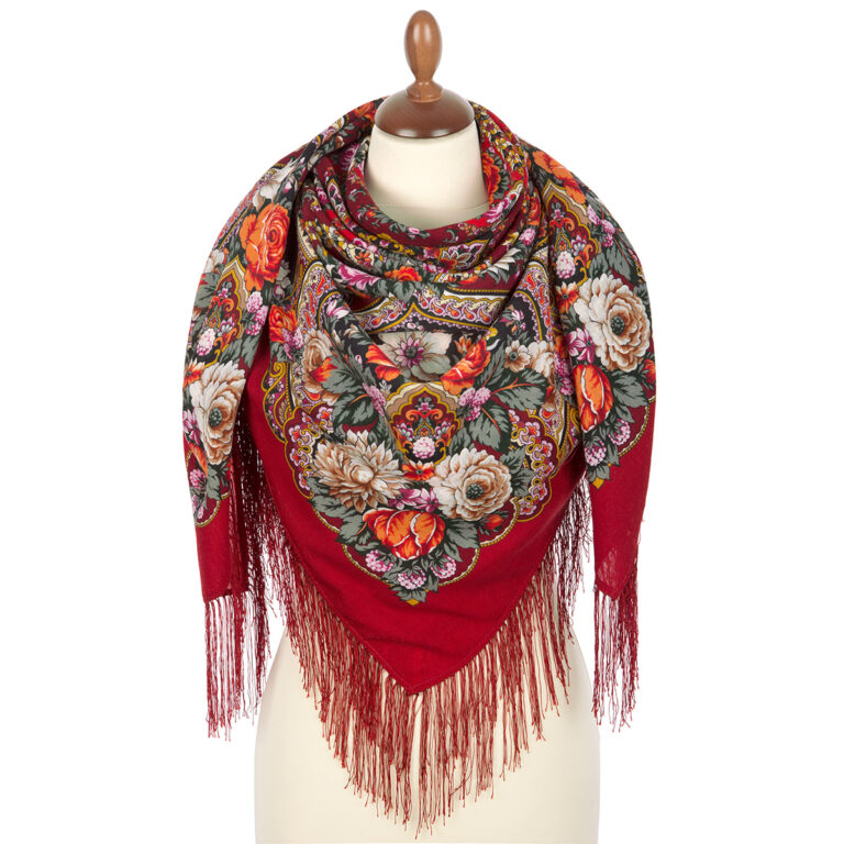 Pavlovo-Posad Shawl ''Silver Creek'' 100% of wool with silk fringe, size 125*125cm.