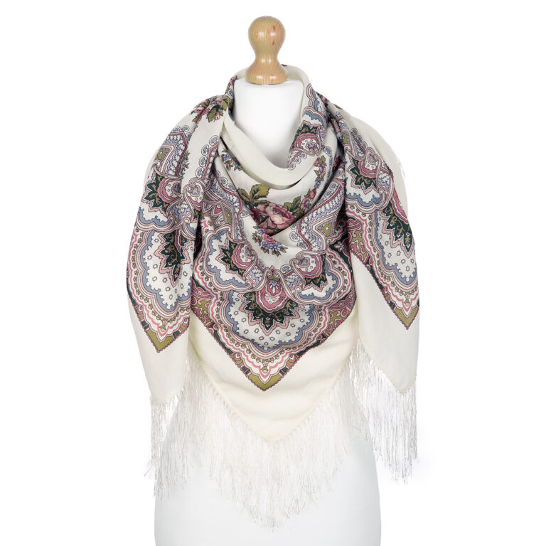 Pavlovo-Posad Shawl ''Crane'' 100% of wool with silk fringe, size 125*125cm.