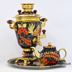 Gift Set with Tula Samovar 3L, Brass Tray, and Dulevo Porcelain Teapot, Hand-Painted